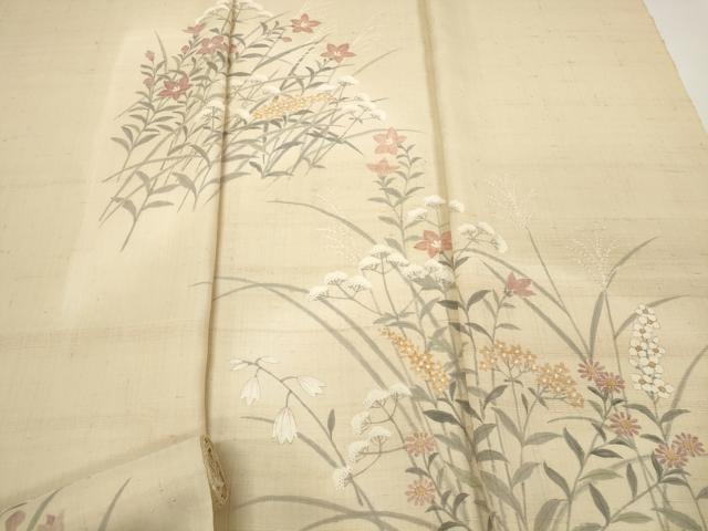 平和屋着物●染織の名門　しょうざん 生紬　付下げ　反物　着尺　手描き　草花文　逸品　未使用　DABA7622zzz