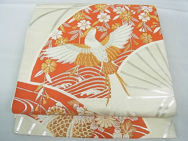 平和屋着物■六通柄袋帯　唐織　扇面流水花鳥文　金銀糸　逸品　th2643