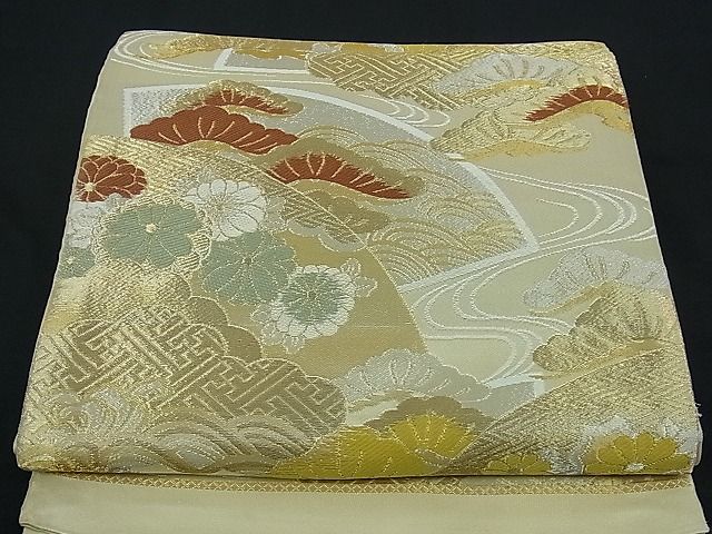 平和屋着物■六通柄袋帯　唐織　流水雲重ね地紙吉祥花文　金銀糸　逸品　ng2943