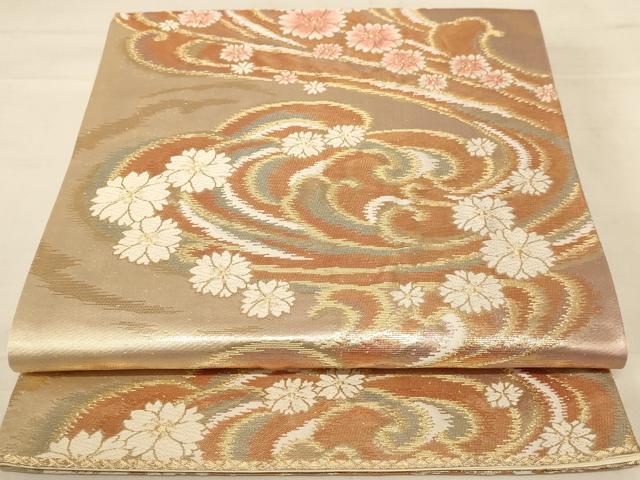 平和屋着物◎六通柄袋帯　唐織　流水花文　金糸　正絹　逸品　AABC8372dt