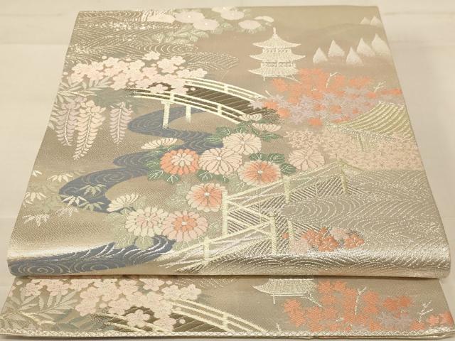 平和屋着物◎六通柄袋帯　唐織　渡橋花文　プラチナ純銀箔二重織　正絹　逸品　AABC8397dt