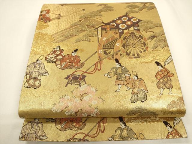 平和屋着物▼六通柄袋帯　御所車人物風景文　金糸　正絹　逸品　CAAY4227ak