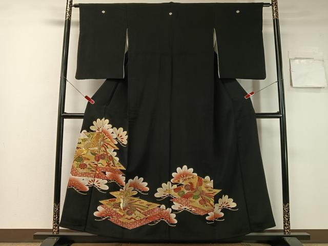 平和屋着物■豪華黒留袖　駒刺繍　松皮菱鳳凰花文　金彩　正絹　逸品　CAAZ9786vp