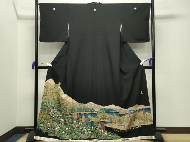 平和屋着物●豪華黒留袖　友禅　作家物　遠山風景文　正絹　逸品　未使用　CABA9983gh