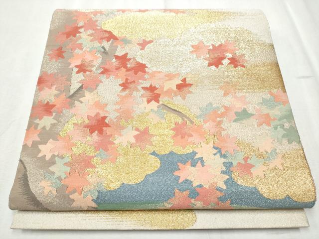 平和屋着物●太鼓柄袋帯　綴れ　雲重ね枝葉文　金糸　正絹　逸品　CABD0652hy（楽天・平和屋）