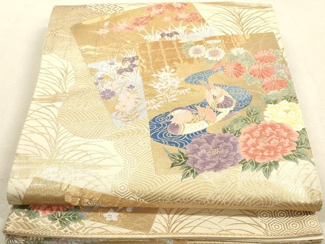 平和屋着物◎六通柄袋帯　唐織　流水鴛鴦花文　鶴　金銀糸　正絹　逸品　DAAY4991qa