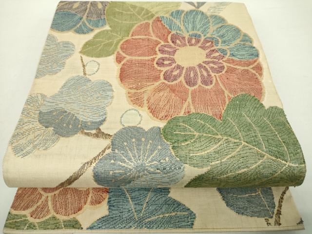 平和屋着物●六通柄袋帯　紬地　草花文　金糸　正絹　逸品　DABA1654ps