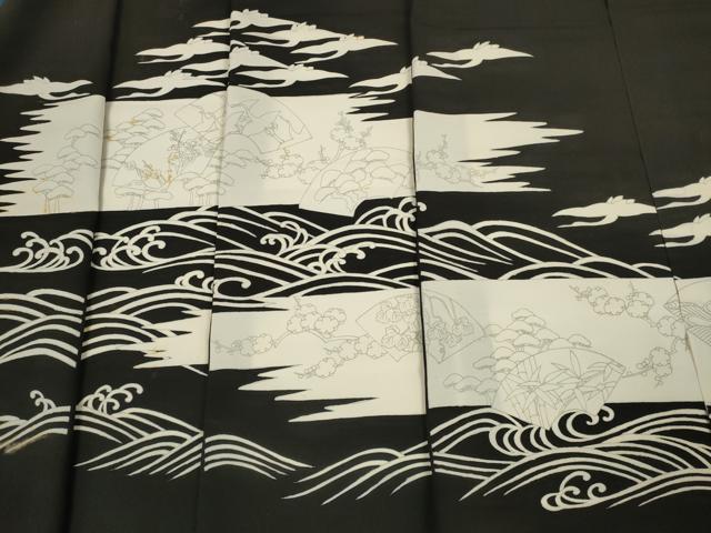 平和屋着物▼黒留袖　反物　着尺　裁断済　色付前　地紙飛鶴花文　逸品　未使用　DABD7341zzz
