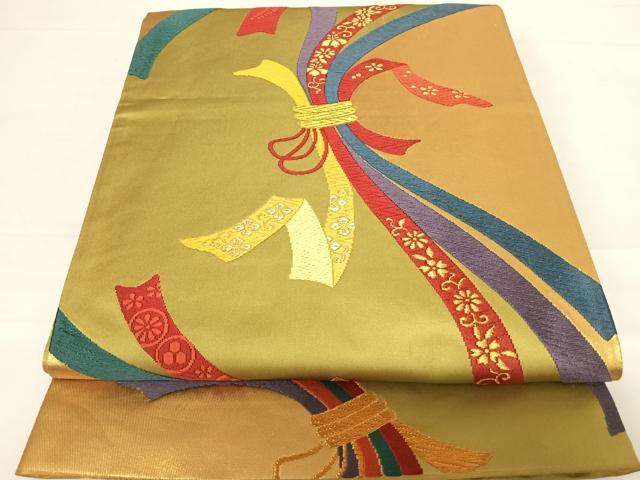 平和屋着物◎六通柄袋帯　唐織　平成熨斗文　金糸　正絹　逸品　AABC2502yx