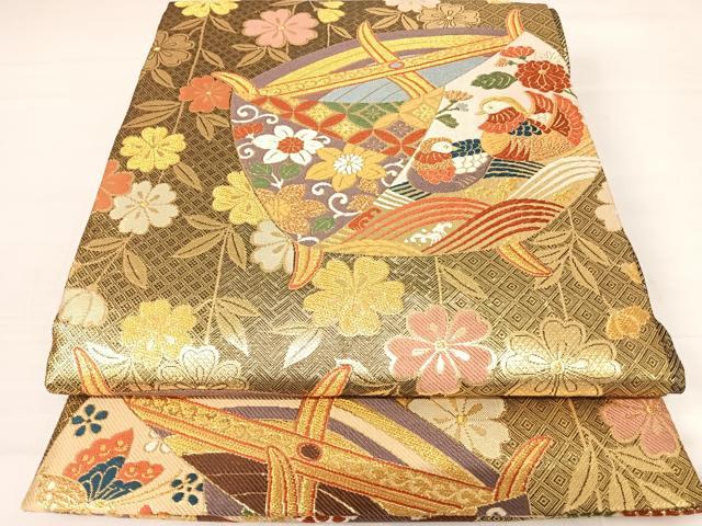 平和屋着物◎佐賀錦　六通柄袋帯　糸巻花鳥文　金糸　正絹　逸品　AABC4544yx