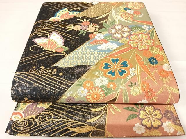 平和屋着物◎六通柄袋帯　唐織　花蝶文　黒地　金糸　正絹　逸品　AABC4581yx