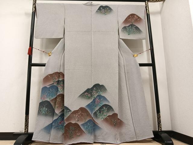 Kimono - 平和屋着物●訪問着　重ね山草花文　鬼しぼ縮緬　正絹　逸品　AABD3467ph