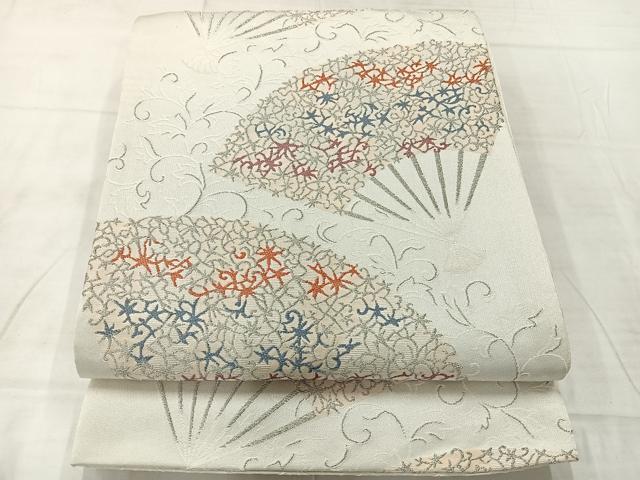 平和屋着物◎六通柄袋帯　扇面花文　銀糸　AABE3057uk