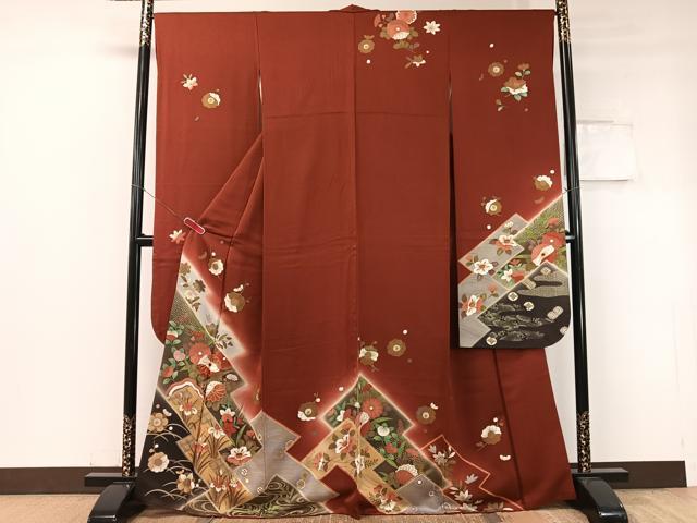 Uramono - 平和屋着物●豪華振袖　駒刺繍　松皮菱流水花文　暈し染め　金彩　正絹　逸品　CABC9622vp