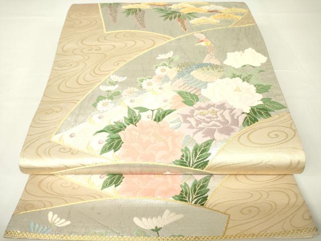 平和屋着物▼六通柄袋帯　唐織　地紙孔雀牡丹文　金糸　正絹　逸品　DAAX3683az