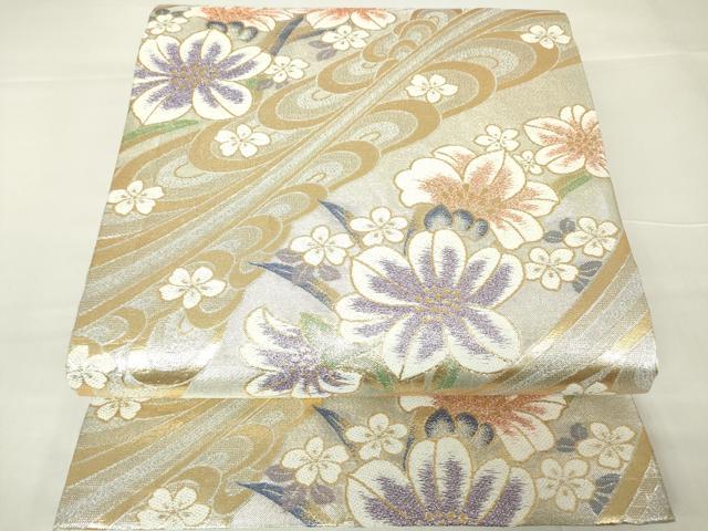 平和屋着物▼六通柄袋帯　流水花文　金糸　正絹　逸品　DAAX3739az