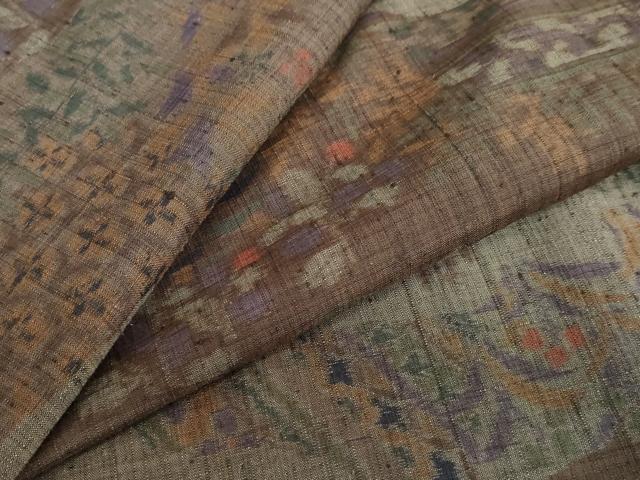 Full-Length Under-Kimono - 平和屋着物●小千谷紬　横段草花文　正絹　逸品　DABC2728ud