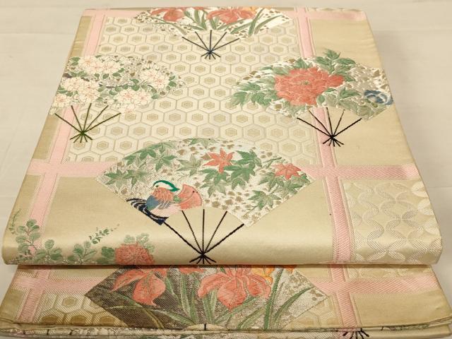 平和屋着物◎六通柄袋帯　唐織　扇面花文　金銀糸　正絹　逸品　AABC3065dt