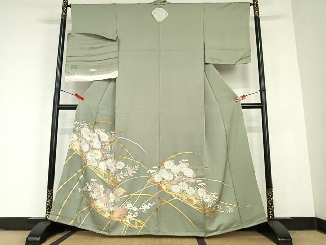 平和屋着物●豪華色留袖　駒刺繍　新嵯山我利久　草花文　反端付き　正絹　逸品　AABC5185zg