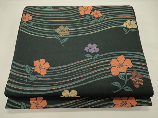 平和屋着物◎六通柄 京袋帯 流線草花文 黒地 化繊 CABA0063oy