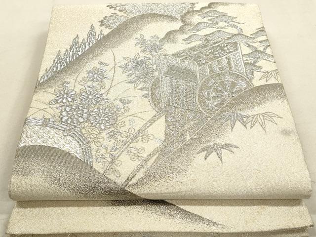 平和屋着物◎綴れ　太鼓柄袋帯　重ね山御所車花文　銀糸　正絹　逸品　DAAY4915qa