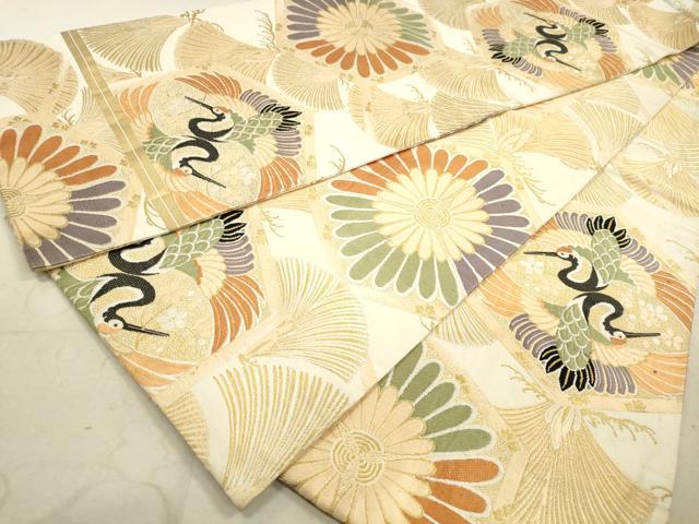 平和屋着物◎アンティーク　大正ロマン　丸帯　唐織　飛鶴枝花松文　金糸　正絹　逸品　DAAY4934qa