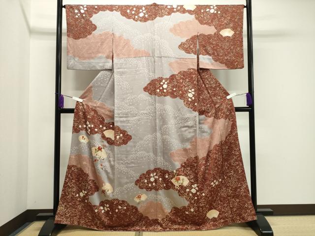 Full-Length Under-Kimono - 平和屋着物●訪問着　絞り　刺繍　雲重ね地紙花文　金彩　正絹　逸品　CABA1333gh