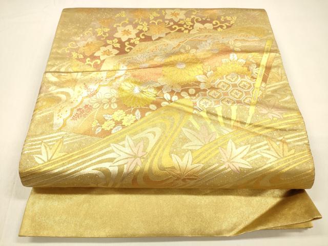 平和屋着物●太鼓柄袋帯　流水草花文　金銀彩　引箔　正絹　逸品　DAAZ4201cm