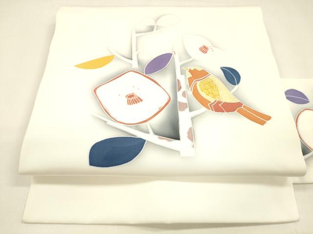 平和屋着物●塩瀬　九寸名古屋帯　型染　花鳥文　正絹　逸品　DAAZ4221cm