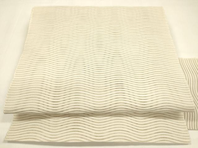 平和屋着物＊夏物　絽綴れ　八寸名古屋帯　よろけ縞　薄卵色　正絹　逸品　DAAZ4222cm