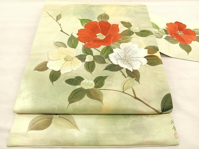 平和屋着物◎九寸名古屋帯　作家物　手描き　刺繍　椿　金彩　正絹　逸品　BAAU8078hv