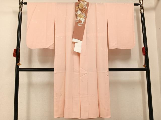平和屋着物●長襦袢　無双仕立て　舞扇地紋　淡香色　高島屋扱い　半衿刺繍　正絹　逸品　AABI8609ph