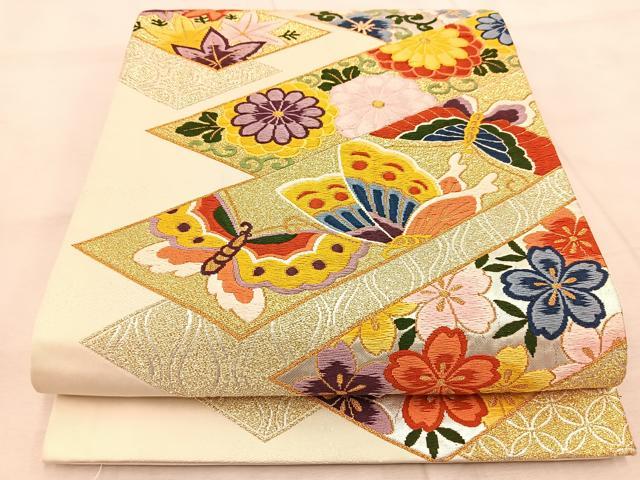 平和屋着物●西陣　白綾苑大庭　六通柄袋帯　唐織　短冊花蝶文　金銀糸　正絹　逸品　BAAV6435yc(4)