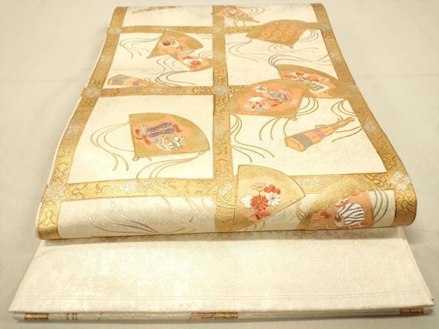 平和屋着物◎太鼓柄袋帯　駒刺繍　天井扇面宝尽くし　金銀彩　引箔　正絹　逸品　DAAY4449jm