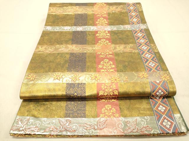 平和屋着物◎西陣　高島織物謹製　六通柄袋帯　横段鳳凰花唐草　青銅箔　正絹　逸品　DAAY4464jm