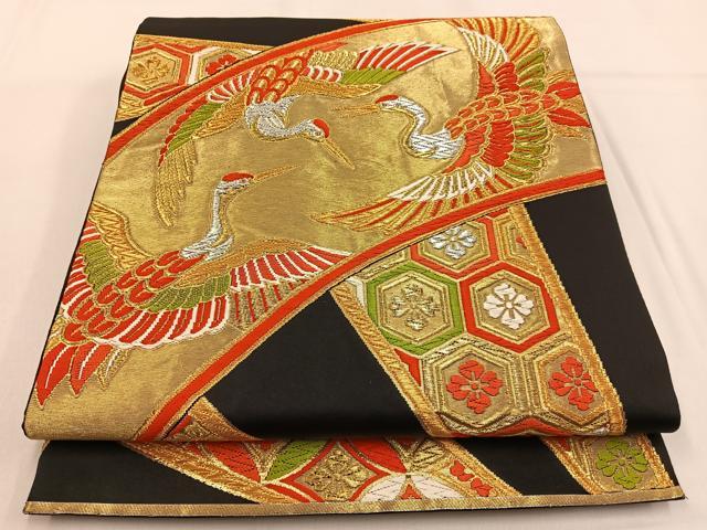 平和屋着物◎六通柄袋帯　唐織　飛鶴吉祥文　黒地　金銀糸　正絹　逸品　BAAW0616hj