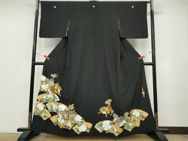 平和屋着物●金彩友禅作家　金彩の魔術師　堀省平　金煌織　黒留袖　花遊禅　唐獅子地紙花文　本金箔　正絹　逸品　CABB6279ut