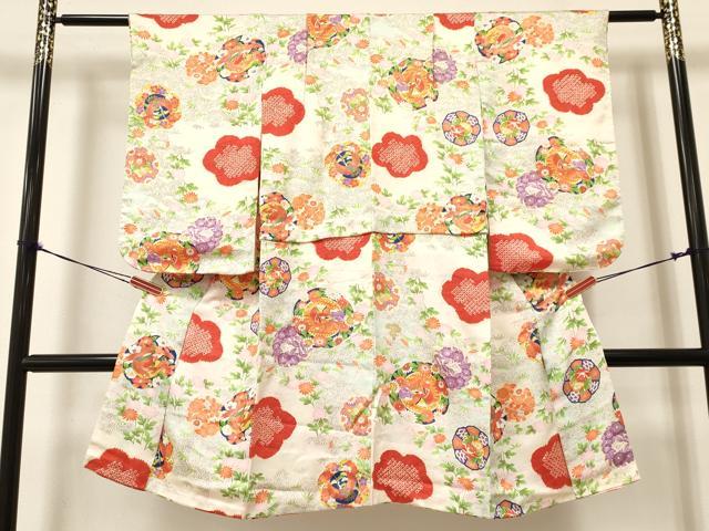 平和屋着物[]七五三　女の子　7歳　祝着　四つ身　絞り　花鳥絵皿文　暈し染め　金彩　逸品　DAAY3261ma