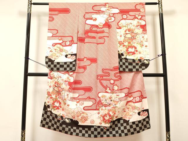 平和屋着物[]七五三　女の子　7歳　祝着　四つ身　エ霞糸車鼓花文　金彩　逸品　DAAY3246ma