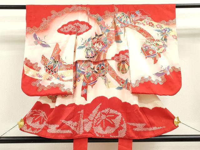 平和屋着物[]七五三　女の子　3歳　祝着　三つ身　絞り　束ね熨斗飛鶴糸車文　暈し染め　金銀彩　逸品..