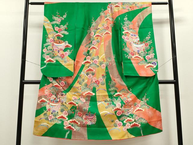 平和屋着物[]七五三　女の子　7歳　祝着　四つ身　松竹梅糸車吉祥花文　たたき染め　金彩　逸品　CAAZ7..