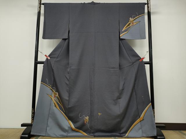 平和屋着物●染色工房　水九木　訪問着　葡萄蔦の葉文　銀通し地　ロング丈　正絹　逸品　CABE7010ut