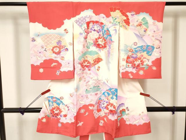 平和屋着物[]お宮参り　女の子　祝着　産着　初着　のしめ　孔雀檜扇飛鶴花文　暈し染め　金彩　逸品　DAAY3219ma