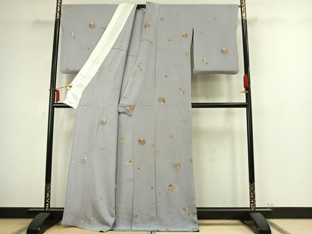 平和屋着物▽上質な小紋　単衣　刺繍　草花文　金彩　鬼しぼ縮緬　正絹　逸品　AABC4070fy