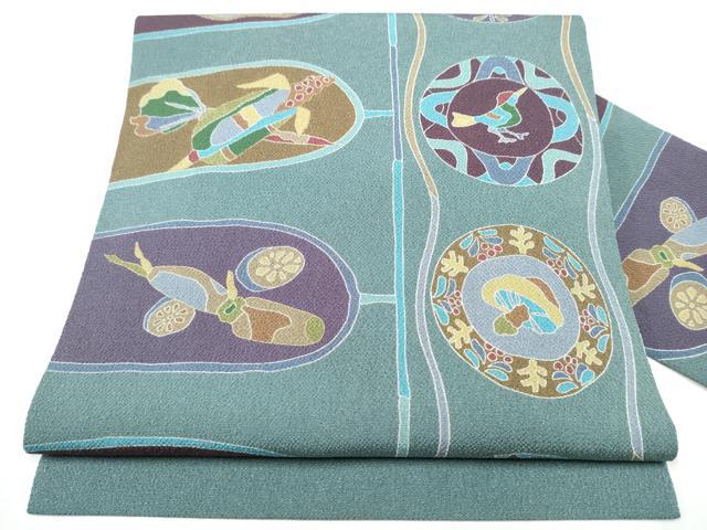 平和屋着物●全通柄　九寸名古屋帯　型染め　成物　鬼しぼ縮緬　正絹　逸品　CABA1065hy