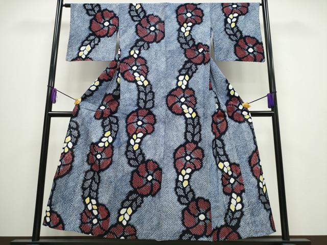 平和屋着物∴夏物　浴衣　有松鳴海絞り　枝葉花文　綿　逸品　CABA0426ng