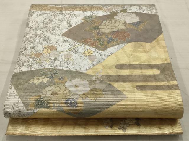 平和屋着物▼太鼓柄袋帯　螺鈿箔　地紙霞花文　金銀彩　引箔　正絹　逸品　AABC6391wj