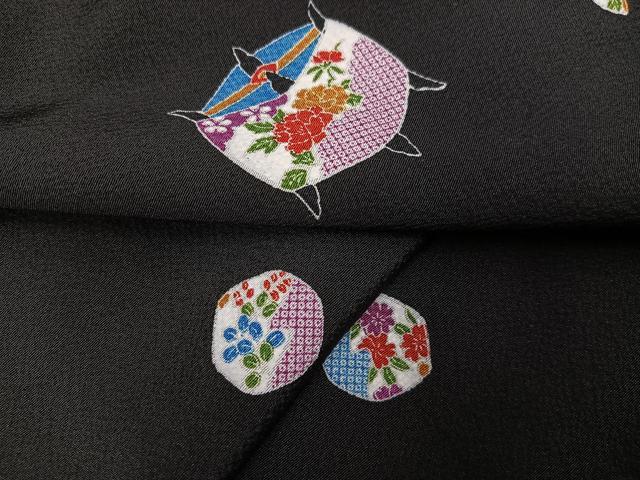 平和屋着物●上質な小紋　糸巻花文　黒地　正絹　逸品　AABC9305ph