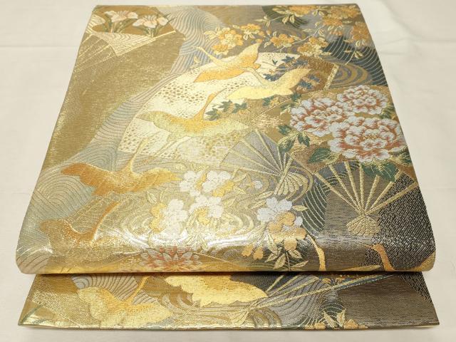平和屋着物▼六通柄袋帯　扇面飛鶴流水花文　金糸　正絹　逸品　CAAZ6660dy