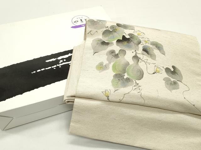平和屋着物●ワンタッチ　つけ帯　手描き　紬地　瓢箪　蔦の葉花文　亜麻色　やまと誂製　箱付き　正絹　逸品　未使用　DAAY0183ob